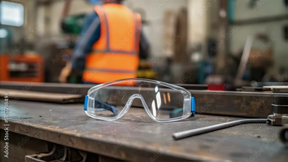 Poster A closeup of safety goggles resting on a workbench with a supervisors hand seen in the frame symbolizing commitment to worker safety.