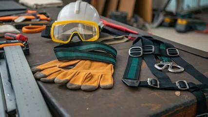 A closeup of safety equipment laid out on a workbench including gloves goggles and harnesses underscoring the importance of worker safety in the chaotic construction environment.