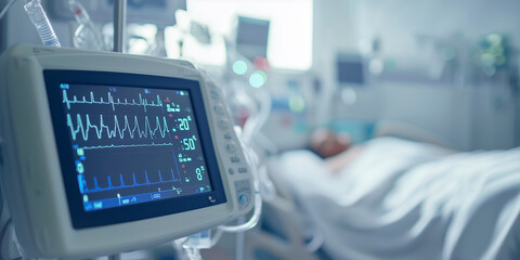 Close-up of a medical monitor displaying vital signs next to a patient lying in a hospital bed in a clinical setting - hospitalization and inpatient care concept