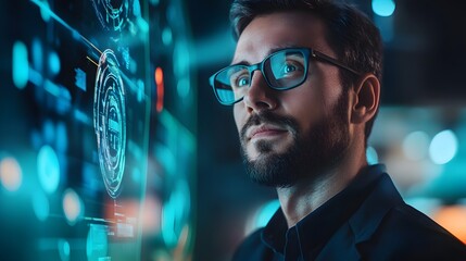 A focused man, wearing glasses, looking towards a glowing technological display. The futuristic ambiance reflects on his eyeglasses