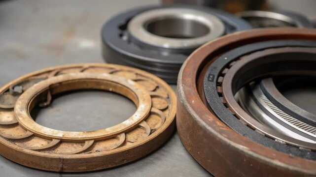 A closeup of the pumps sealing gaskets demonstrating wear and tear with a focus on the materials texture and the complexity of the assembly.
