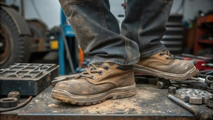 A closeup of the technicians shoes as they stand on a work platform surrounded by motor parts and tools grounding the viewer in the industrial repair environment.