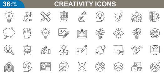 Creativity icons set. Vector illustrations representing art, design, innovation, imagination, digital media, and creative thinking tools for modern visual projects.