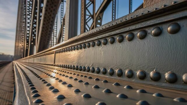 A closeup of the reflective surface of a large bridge girders capturing the interplay of light and shadow revealing design features engineered for strength.