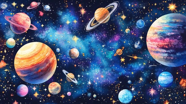 Cinematic space odyssey scene with planets stars and cosmic wonder on a vibrant space themed background