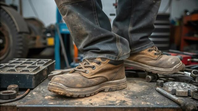 A closeup of the technicians shoes as they stand on a work platform surrounded by motor parts and tools grounding the viewer in the industrial repair environment.