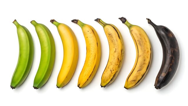 Banana ripening stages isolated on white background, from green to overripe