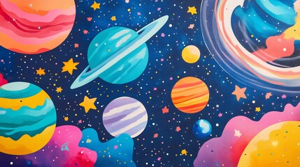 Cinematic space odyssey scene with planets stars and cosmic wonder on a vibrant space themed background
