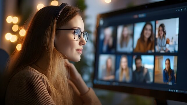 a woman participates in an online meeting and looks at the screen
