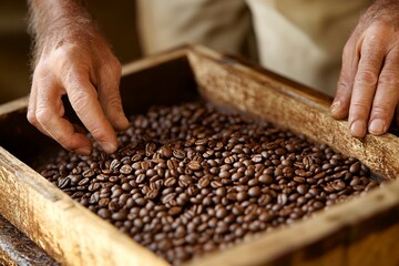 Hands sorting coffee beans in wooden box