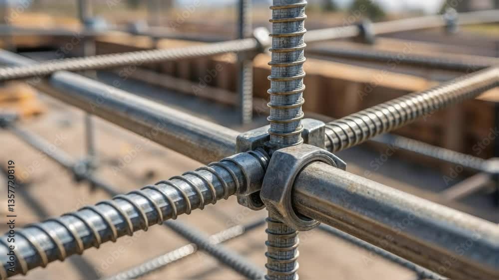Poster A closeup view of a steel joint being assembled showcasing the interlocking components and the tools used for tightening with a blurred background of the construction site.