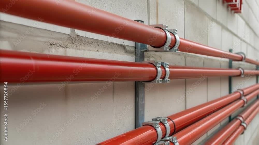 Poster A closeup view of fire suppression tubing being tightly secured with clamps along a wall emphasizing the smooth flexible materials and precision fittings.