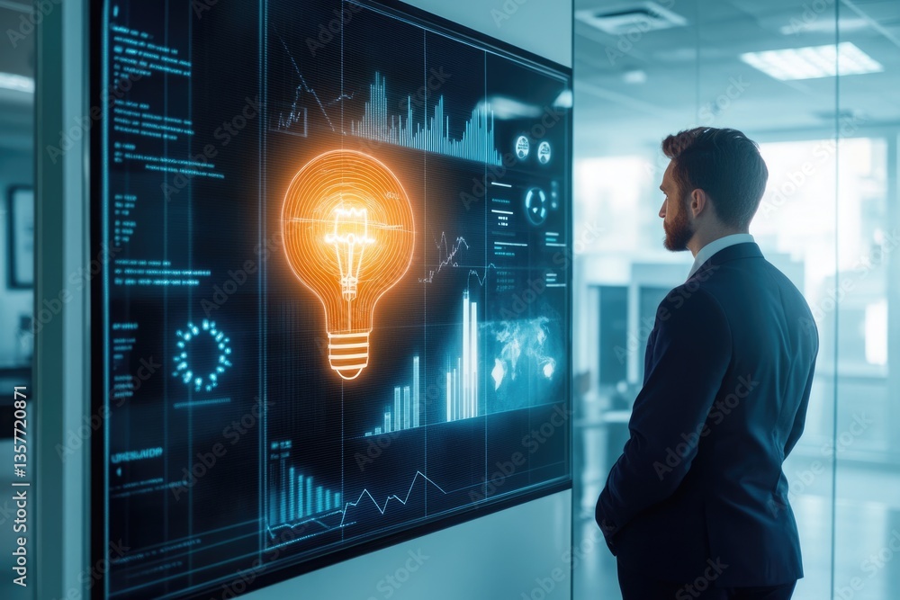 Poster businessman contemplates innovative ideas visualized on a futuristic interactive display showing dat