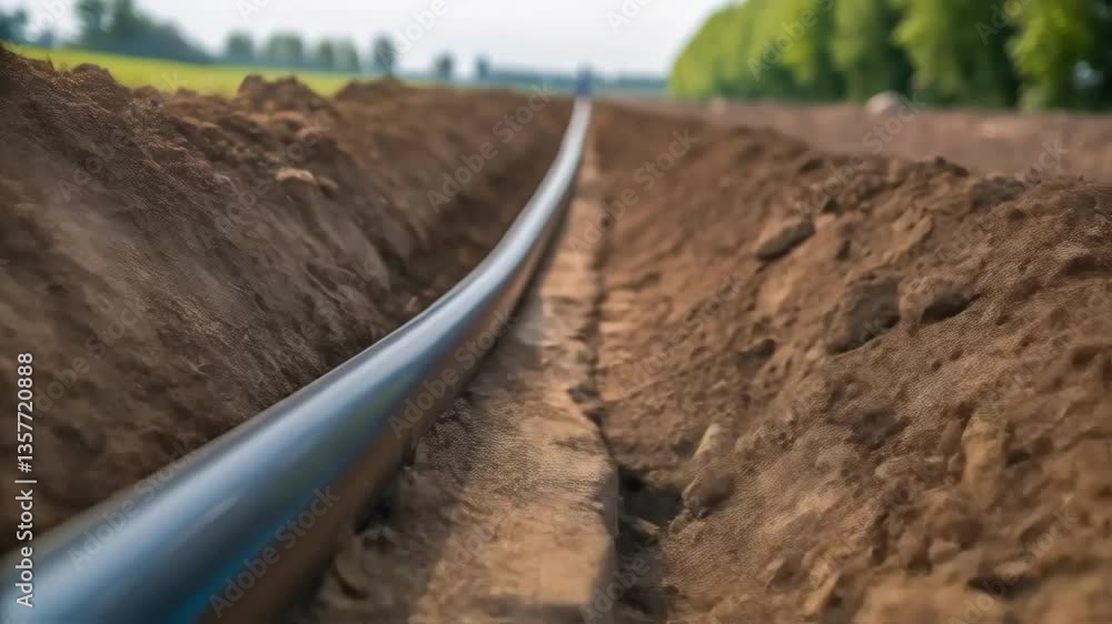 Poster A closeup view of soil being compacted around newly installed irrigation pipes highlighting the texture of the earth as it forms around the infrastructure.