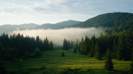 A serene landscape featuring lush green fields and misty mountains, creating a tranquil atmosphere in nature.