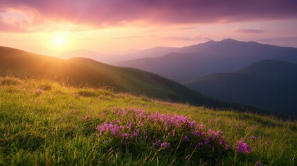 A serene mountain landscape at sunrise, featuring vibrant purple flowers and rolling hills bathed in soft sunlight.
