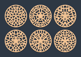 Set decorative circle coaster for laser cutting. Round abstract geometric coaster card. Laser cut design. Vector illustration	