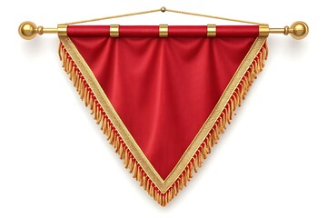 Red pennant banner with gold fringe isolated on white background