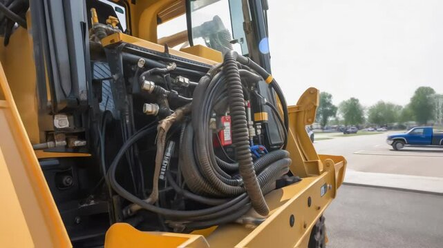 A closeup view of the excavators engine compartment featuring heavyduty components and cables highlighting the robust engineering behind the operation.