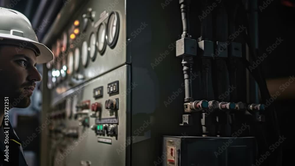 Aufkleber A detailed shot capturing the technicians face illuminated by the harsh lighting within the turbine displaying concentration as they inspect gauges and readouts on the control