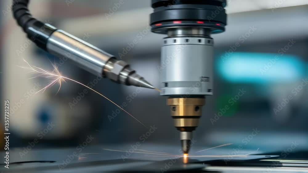 Poster a detailed shot of a robotic welding torch highlighting its nozzle and the glowing welding arc illus