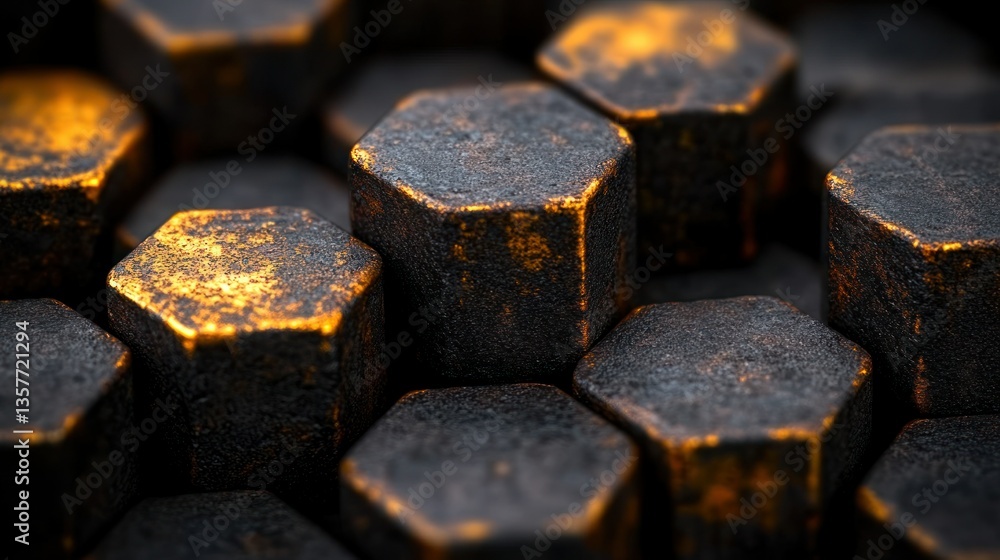 Poster abstract geometric hexagon pattern with a distressed, burnt texture. hexagonal blocks stacked tightl