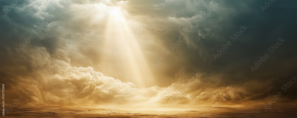 Poster light breaks through dark clouds creating a serene atmosphere over an expansive landscape at dawn