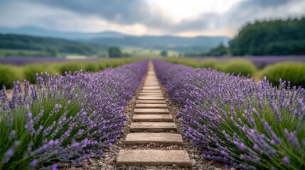 Obraz premium Lavender field pathway leading to horizon