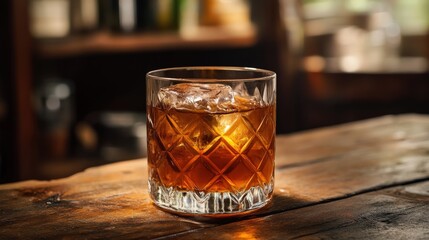 A decorated glass of amber drink with ice cubes present