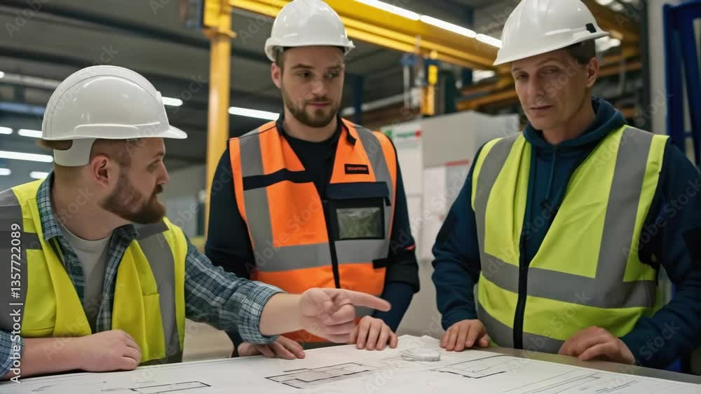 Poster A medium closeup featuring a team of workers discussing the installation of smart sensors with a blueprint of the factory layout spread across a table in front of them.