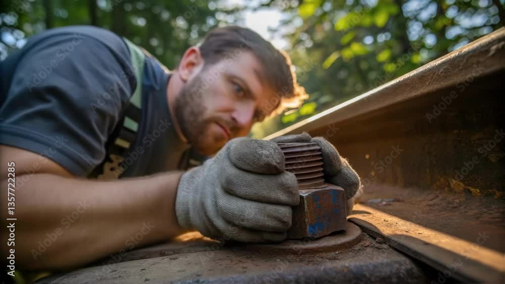 Fototapete A medium closeup image of a technician examining a rusted railway bolt with focused expressions illuminated by the sunlight filtering through overhead trees.