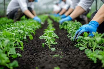 Workers cultivating vegetables in a greenhouse with healthy green plants and soil