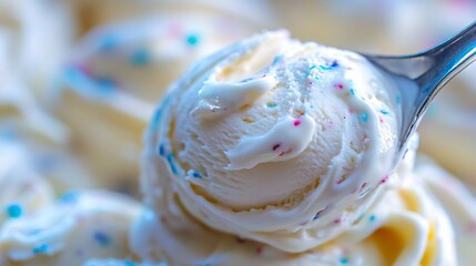 Scoop of delicious, creamy, white ice cream with colorful sprinkles.  Close-up view of a perfect ice cream ball on a spoon, ready to be enjoyed