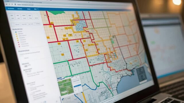 A medium closeup of a computer screen displaying a multilayered map of the pipeline network with overlays indicating flows pressure zones and potential leak detection areas.