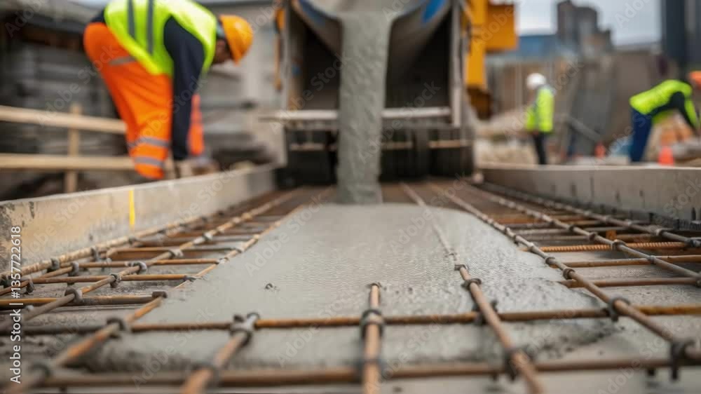 Poster A medium closeup of a concrete mixer pouring fresh concrete into a rebar framework with droplets splashing and workers supervising the process.