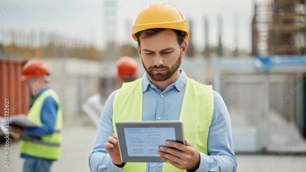 Poster A medium closeup of a construction manager examining a tablet showing scanned progress reports with construction workers wearing safety gear working in the background.