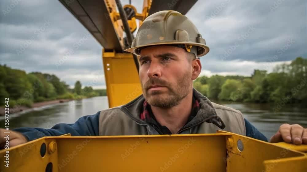 Aufkleber A medium closeup of a construction worker in a hard hat focused intently as he adjusts the large machinery used to position a prefabricated bridge segment above the river.