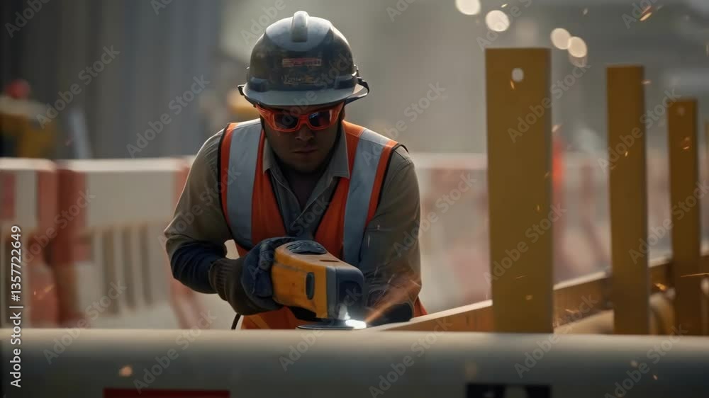 Aufkleber A medium closeup of a construction worker using a power tool to shape the edges of a barrier flying dust particles visible in the air emphasizing the action and focus of labor.