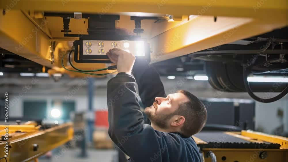 Poster a medium closeup of a crew member adjusting the angle of a newly installed industrial light ensuring