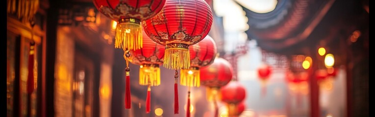 Glowing Red Chinese Lanterns on Strings Illuminating the Night at a Cultural Festival