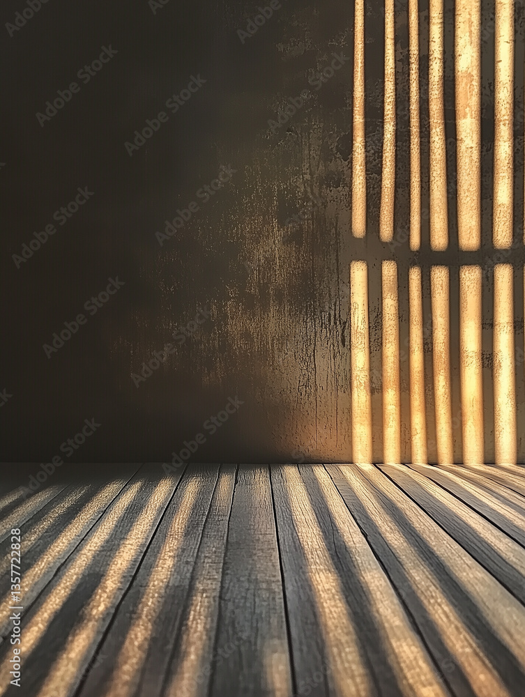 Poster abstract light and shadow play creates captivating patterns on a ridged surface in a dimly lit space