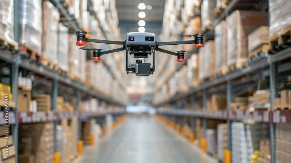 Poster A medium closeup of a drone flying through the warehouse capturing the dynamic aspect of automated inventory management a towering shelves.