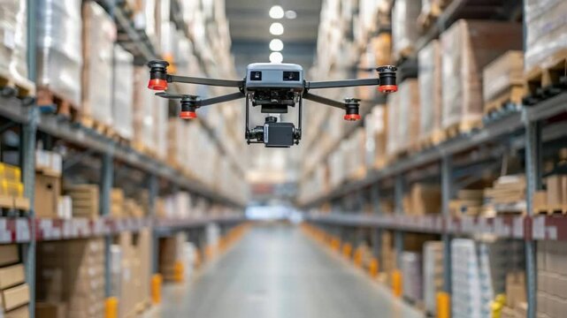 A medium closeup of a drone flying through the warehouse capturing the dynamic aspect of automated inventory management a towering shelves.