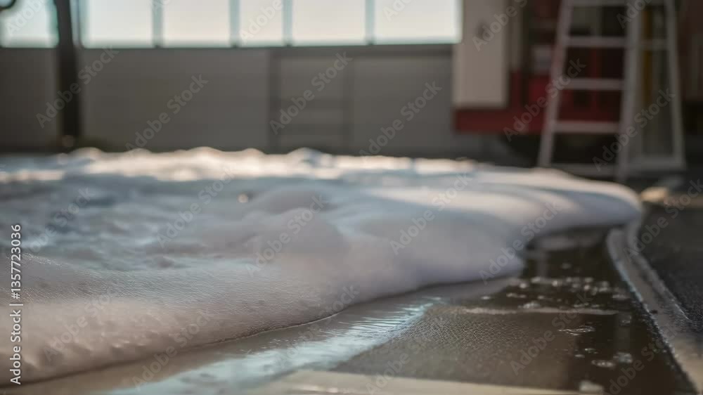 Poster a medium closeup of a fire suppression foam being deployed with foam forming a thick layer on the fl