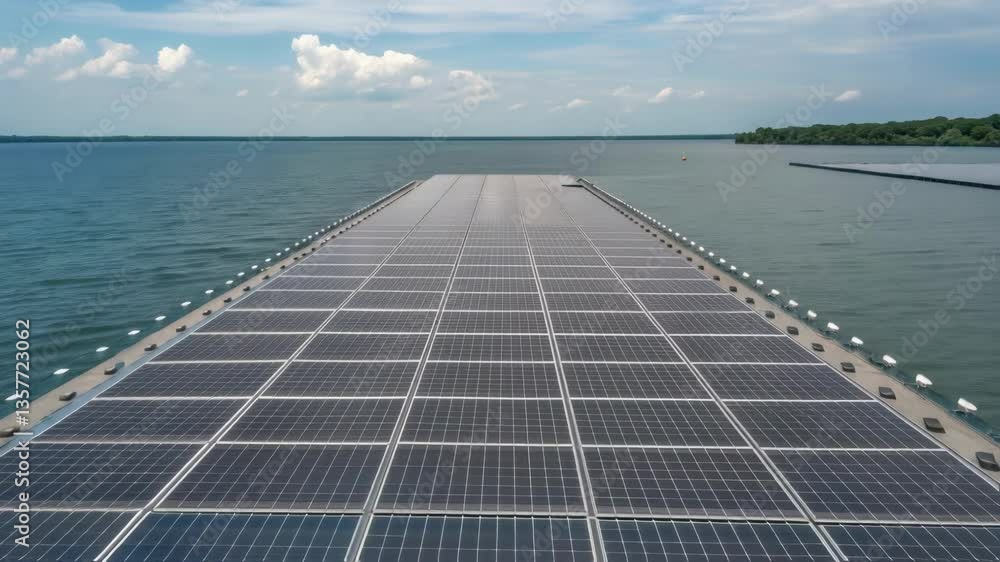 Aufkleber A medium closeup of a floating solar array partially completed with a wide expanse of water around it illustrating the projects scale and environmental integration.