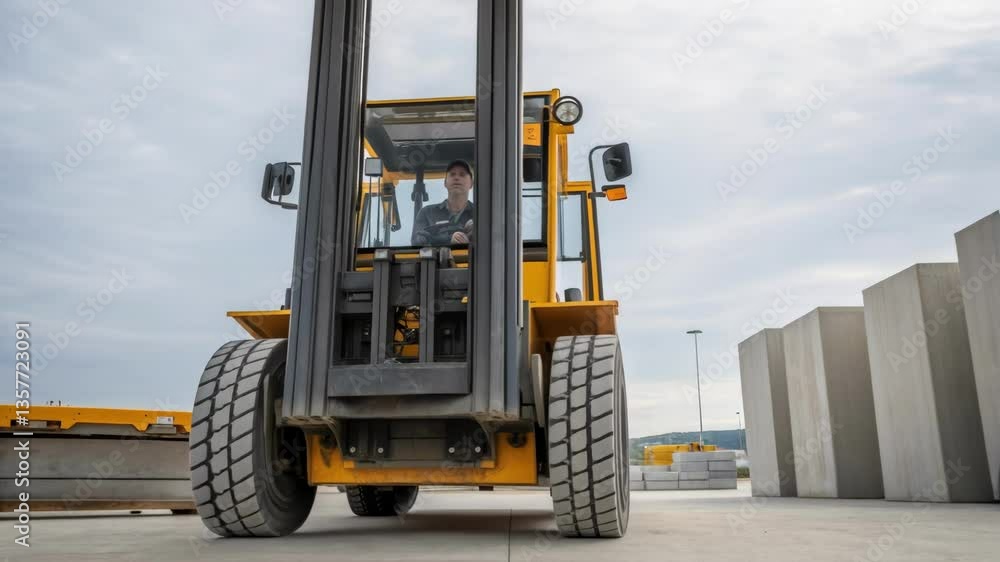 Poster A medium closeup of a forklift lifting a precast concrete panel with the panels large size dwarfed by the equipment around it demonstrating scale and power.