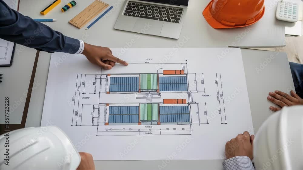 Aufkleber A medium closeup of a group of engineers engaged in a discussion pointing at a detailed blueprint of a container yard with integrated tracking systems.