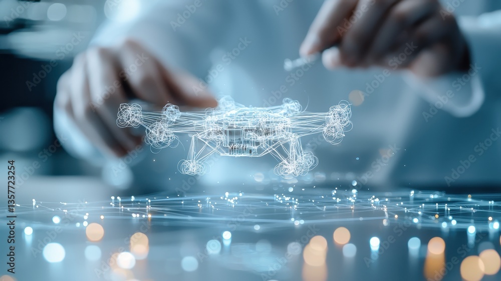 Poster engineering analysis in aerospace. a person manipulates a holographic drone model in a digital inter