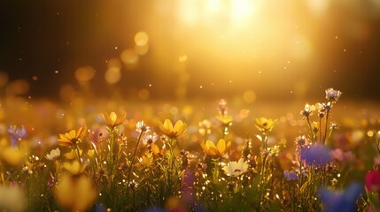 A vibrant field of wildflowers bathed in golden sunlight, creating a serene and enchanting atmosphere.