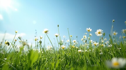 A vibrant field of daisies under a bright blue sky, capturing the essence of nature's beauty and serenity.